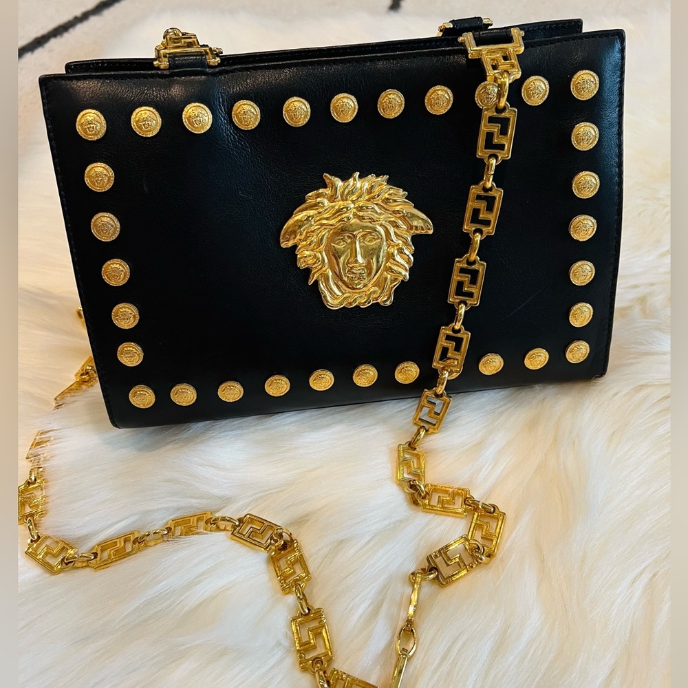 Versace Black and Gold Crossbody Bag with Medusa Emblem